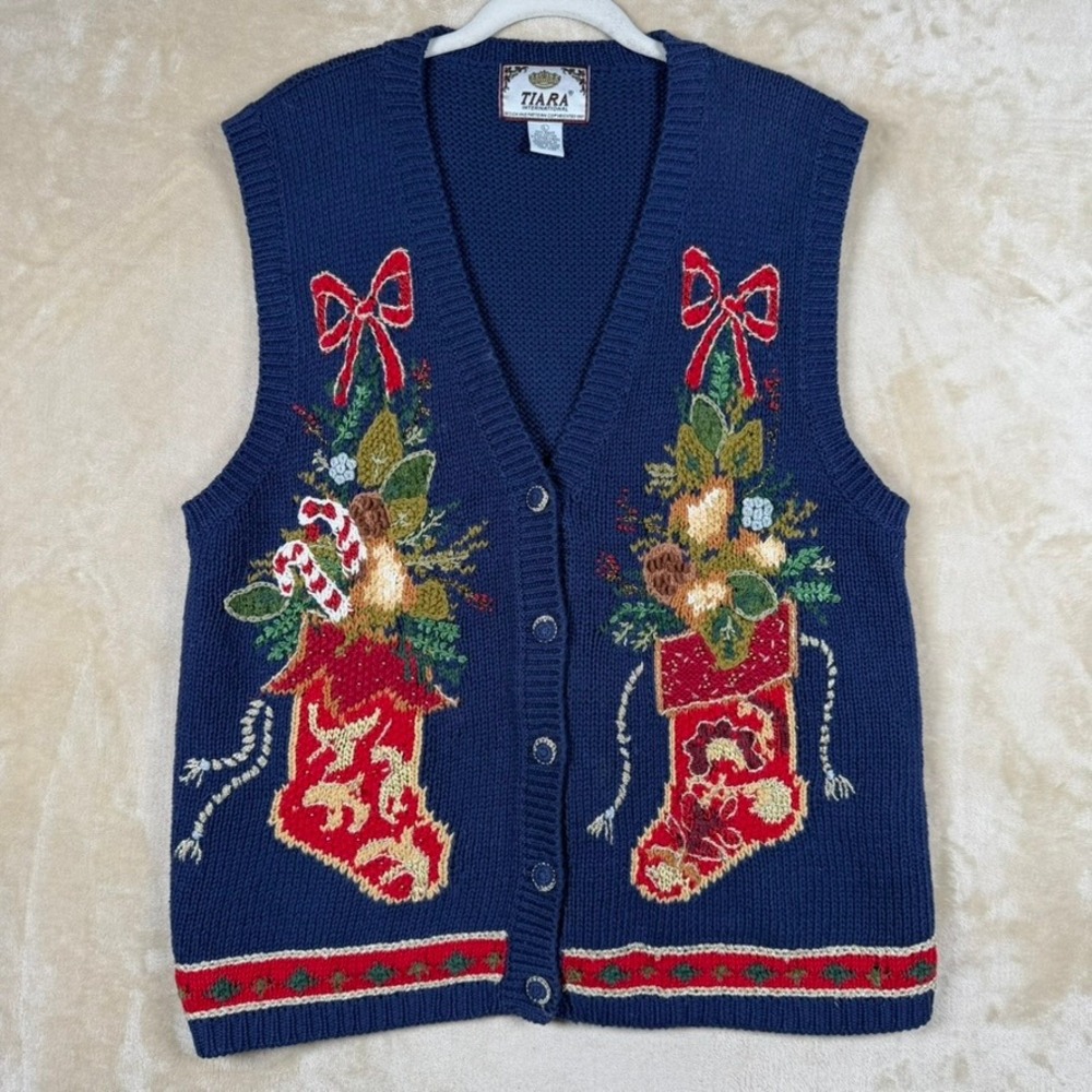 Tiara International Vintage Christmas Sweater Vest Navy Blue Stocking Large